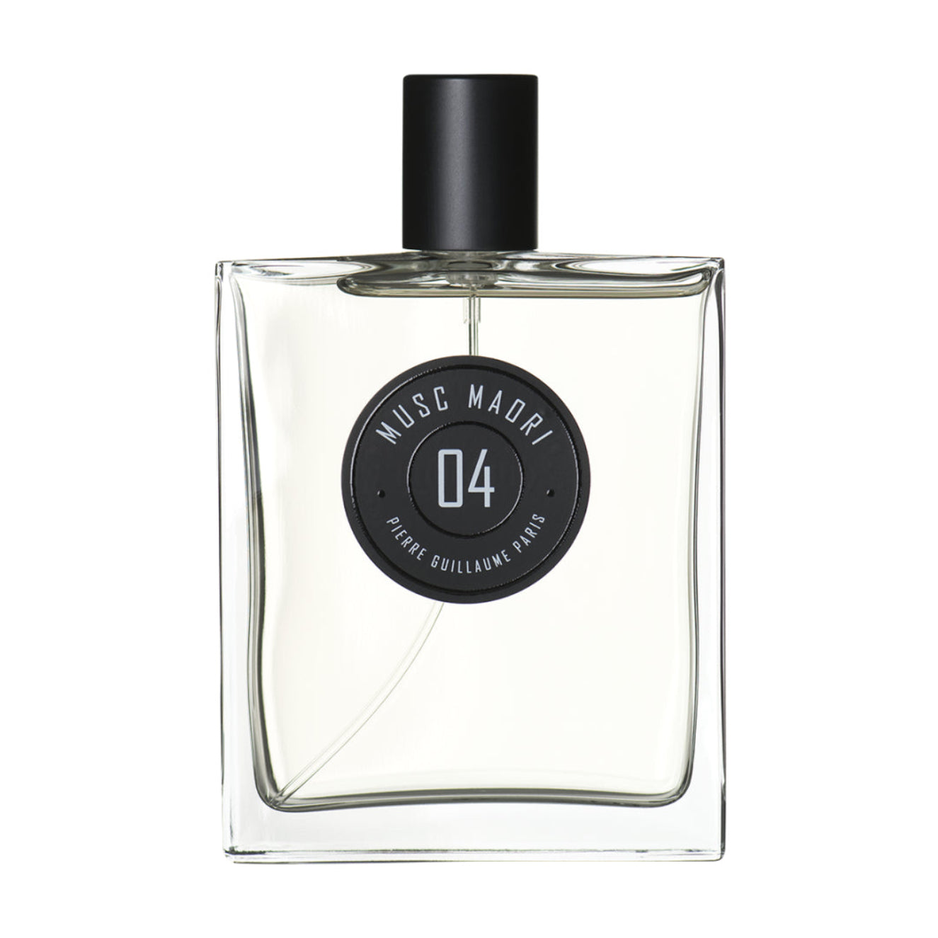 Clear perfume bottle with black cap and label on a white background