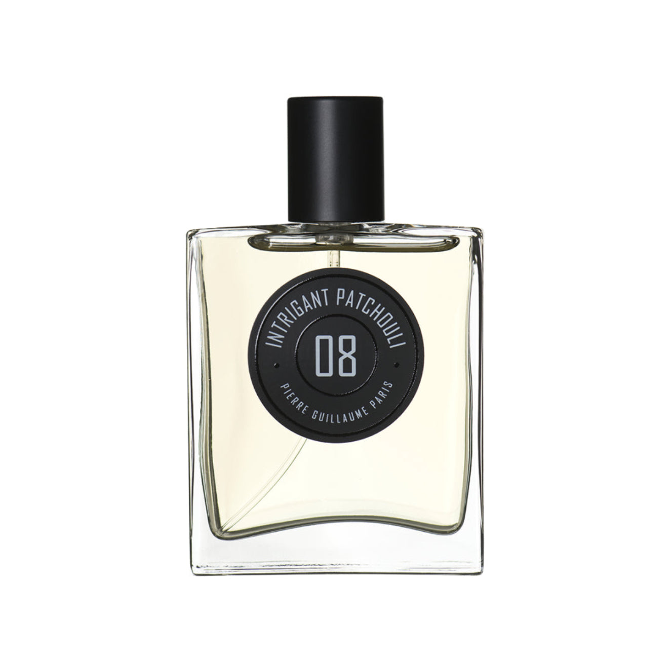 Perfume bottle labeled 'Intrigant Patchouli' by Pierre Guillaume Paris on a white background