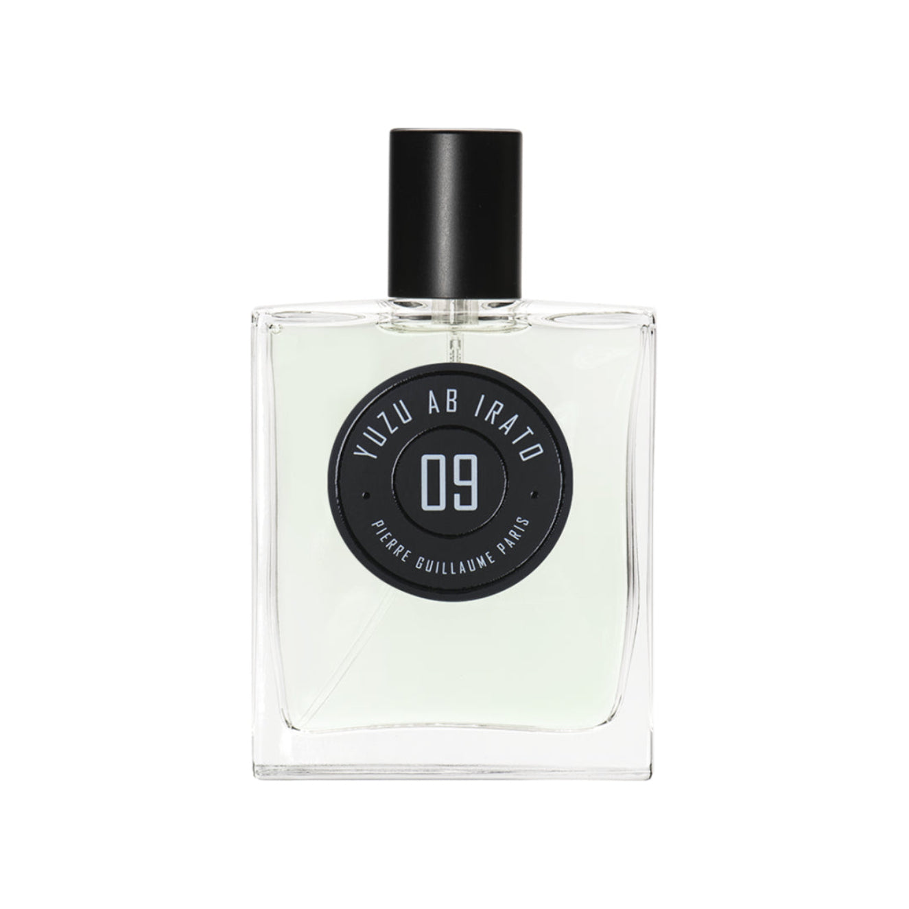 Perfume bottle with black cap and label on a white background