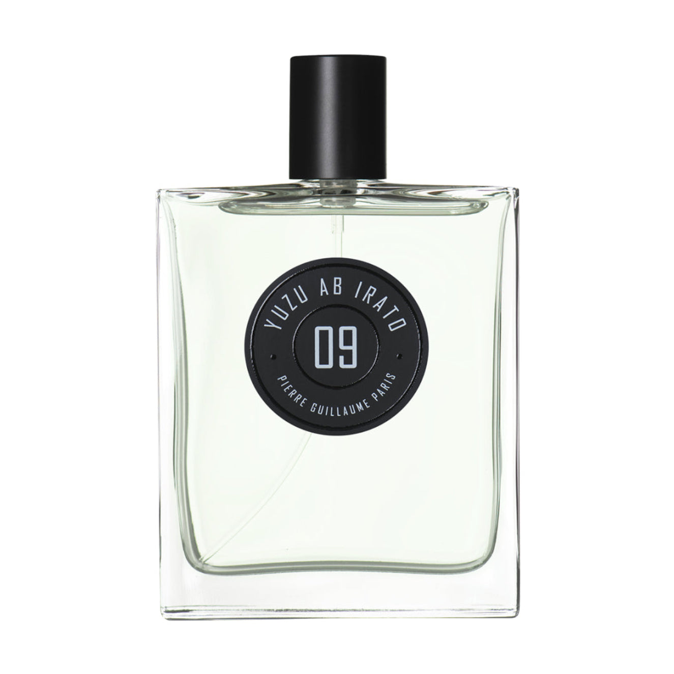 Clear perfume bottle with black cap and label on a white background