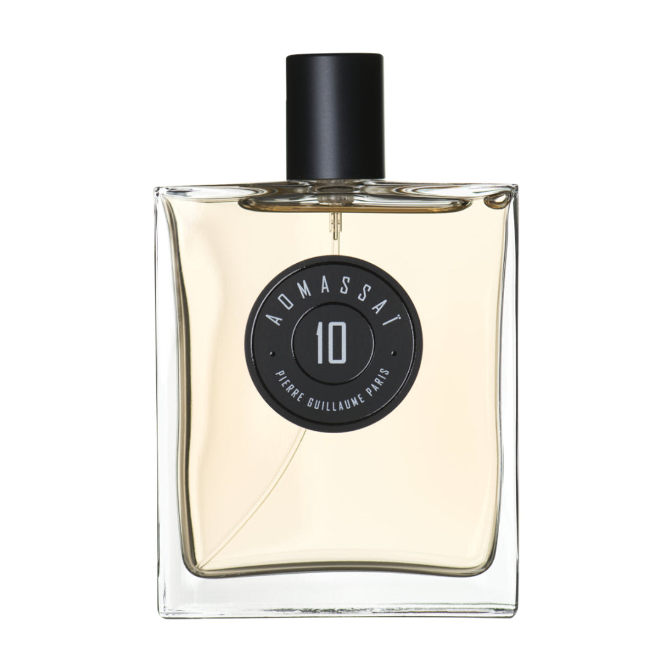 Perfume bottle with black cap and label on a white background