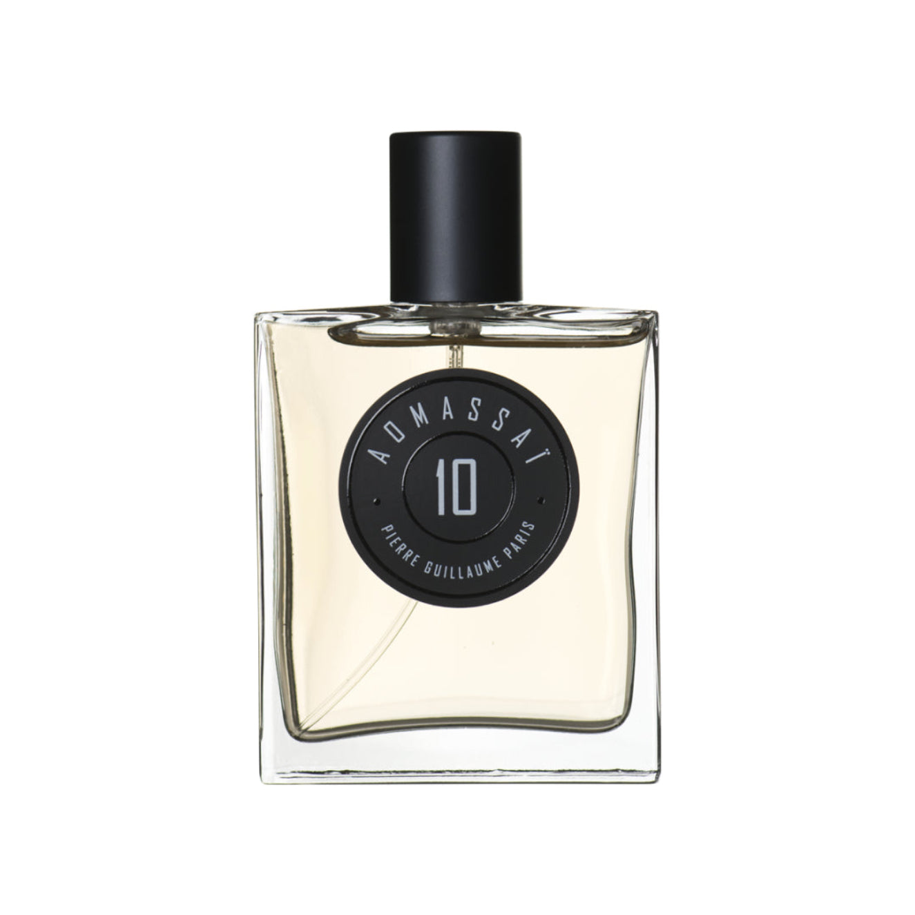 Perfume bottle with black cap and label on a white background