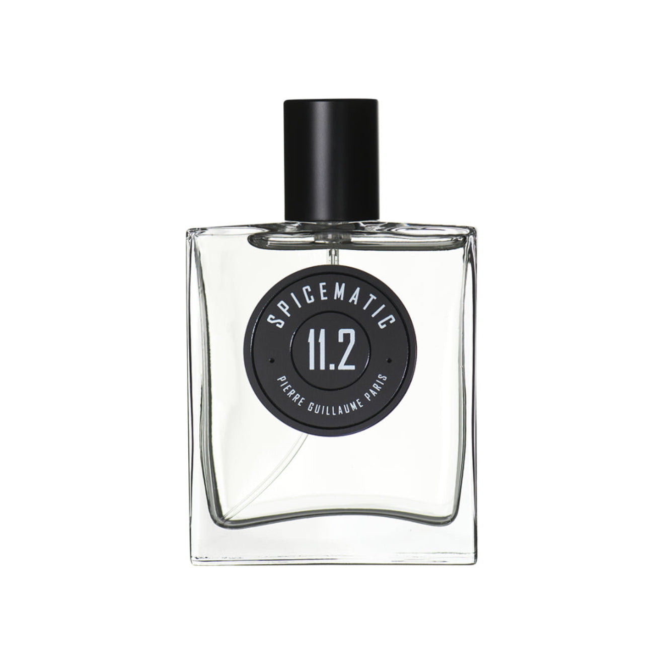 Clear perfume bottle with black cap on a white background