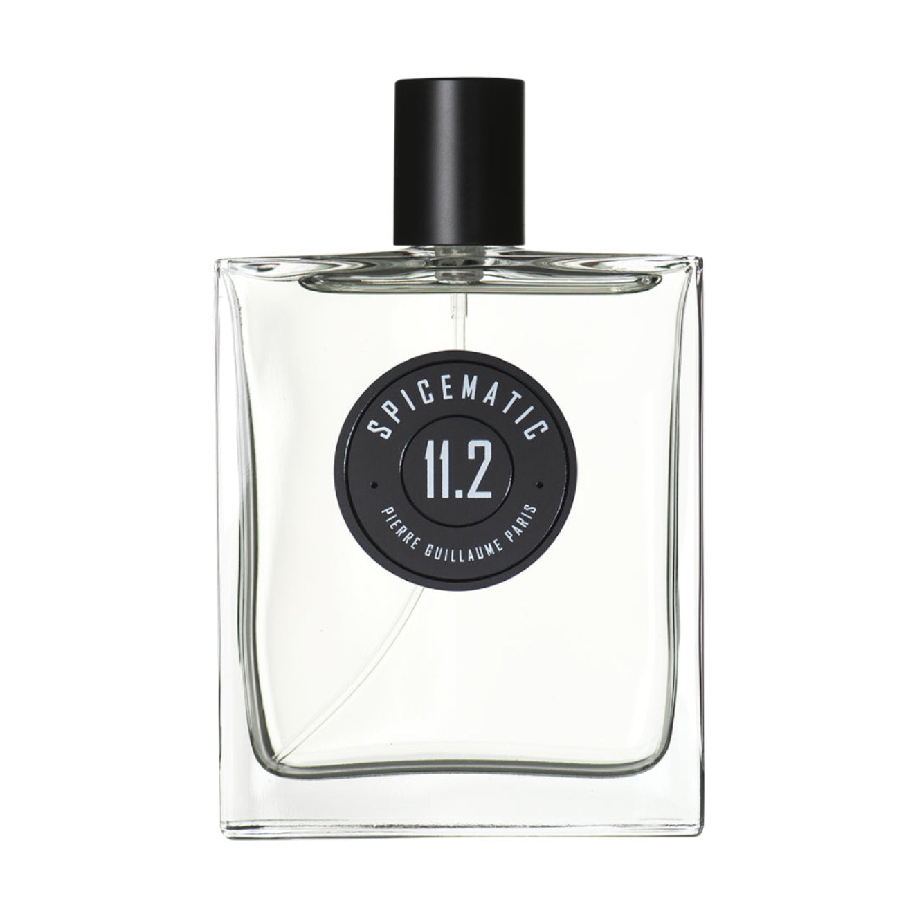 Clear perfume bottle with black cap and label on a white background