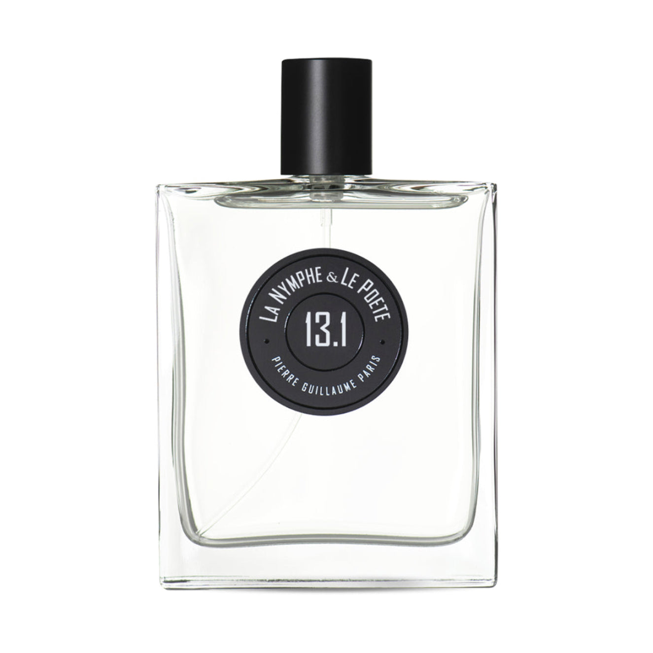 Clear perfume bottle with black cap and label on a white background