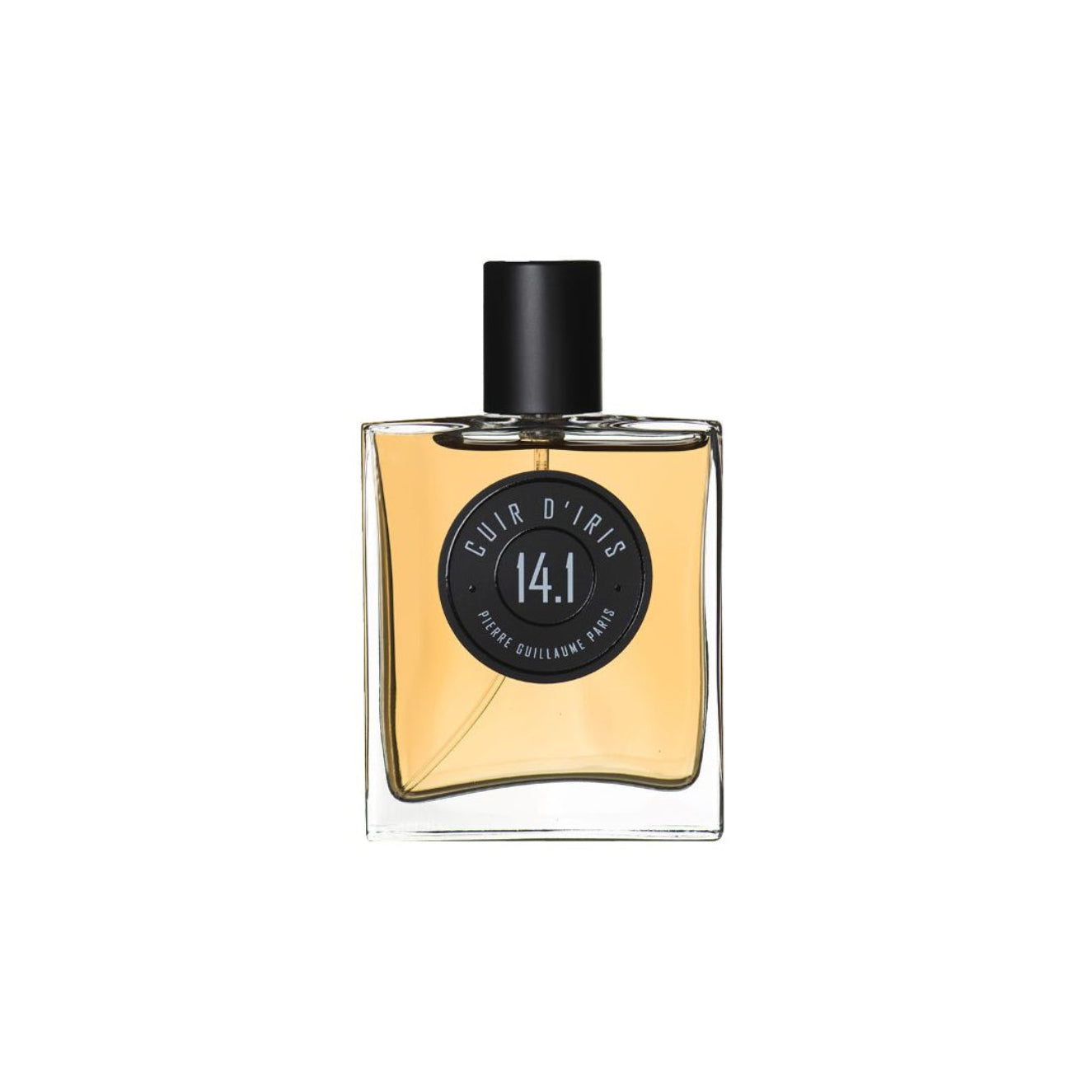 Perfume bottle with a black cap and clear body on a white background