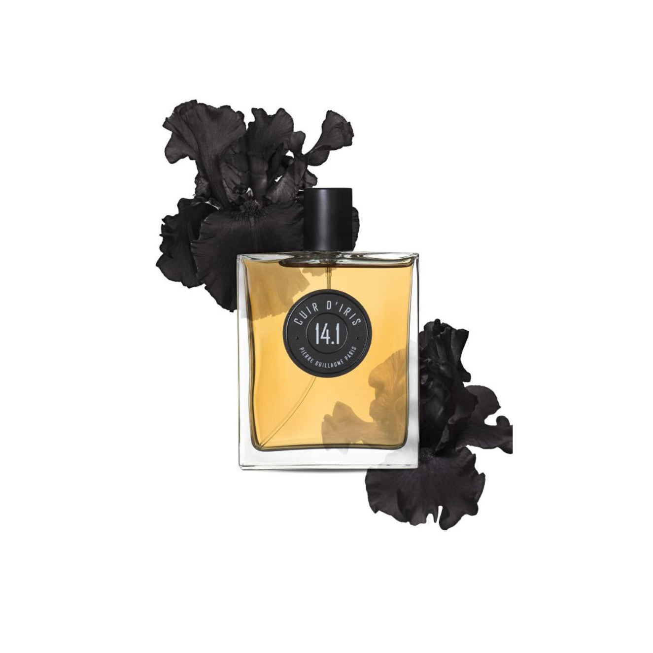 Perfume bottle with black flowers on a white background
