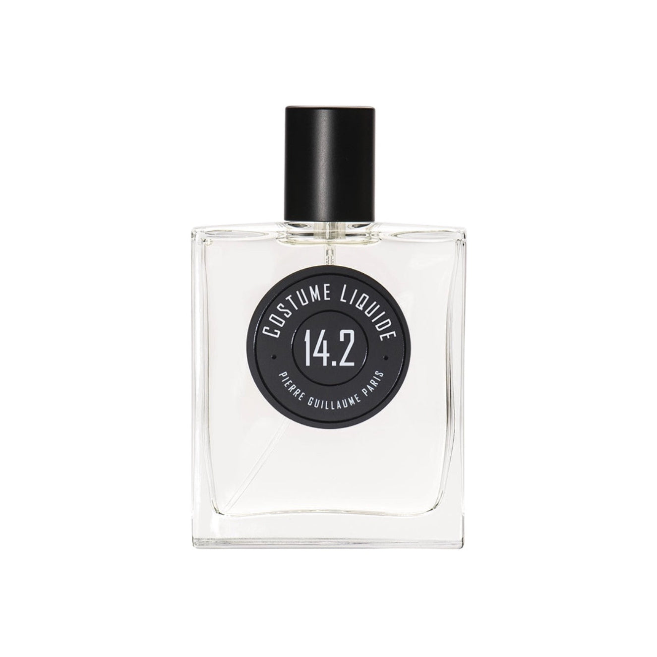 Perfume bottle with black cap and label on a white background