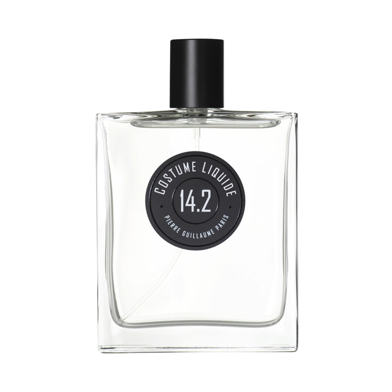 Clear perfume bottle with black cap and label on a white background