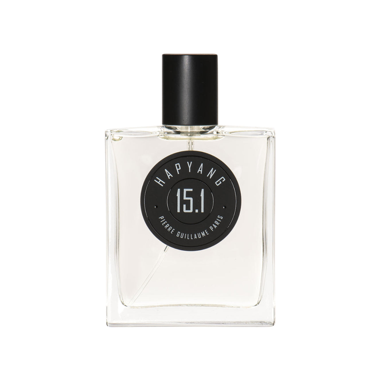 Clear perfume bottle with black cap and label on a white background