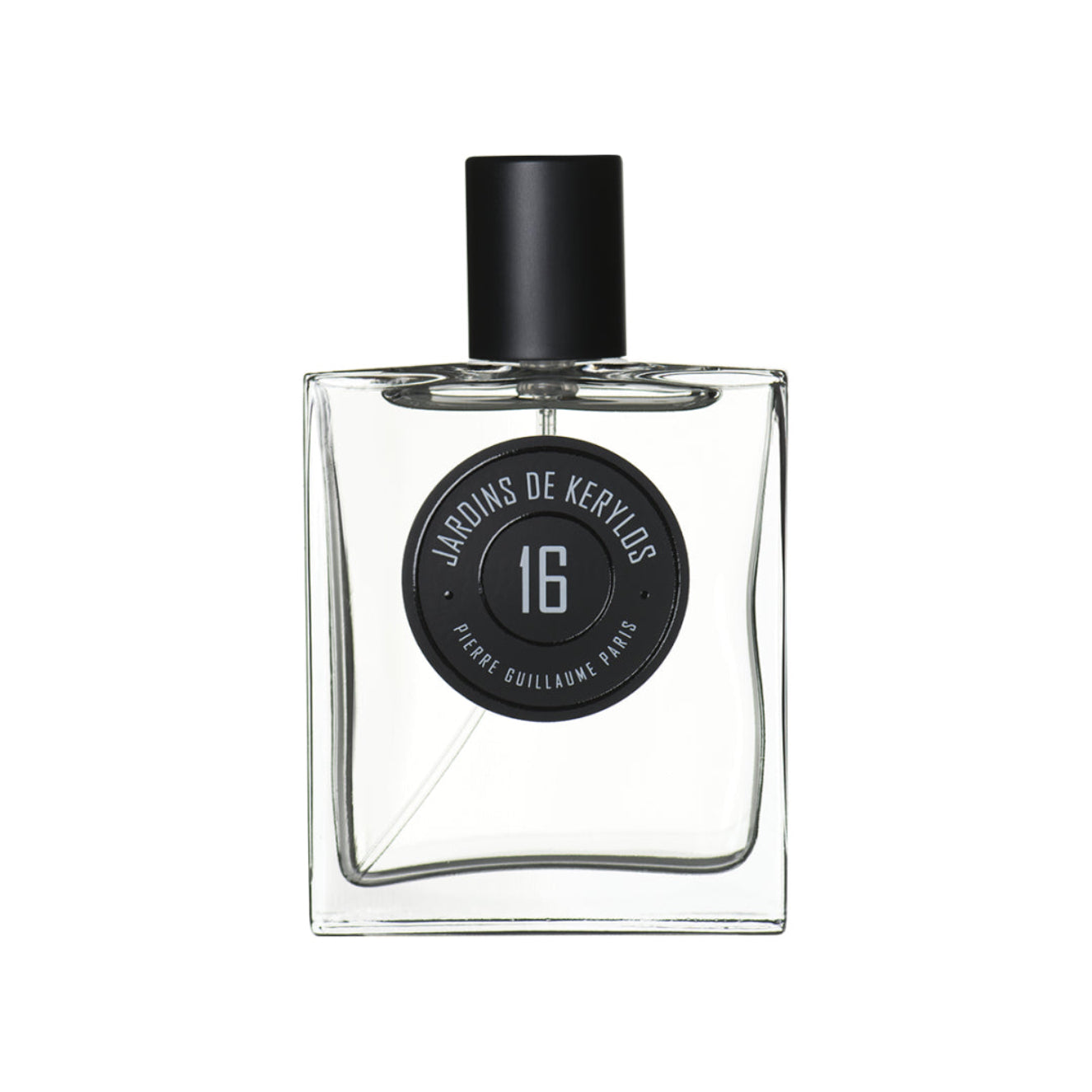 Perfume bottle with black cap and label on a white background