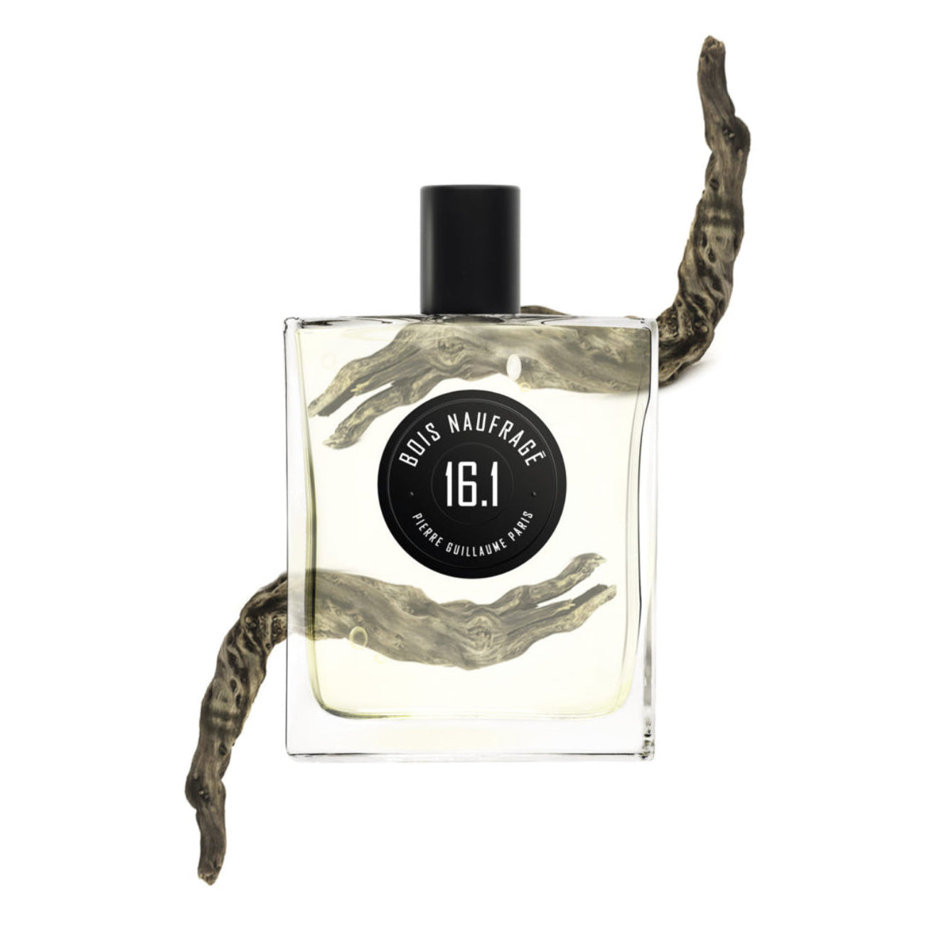 Perfume bottle with artistic design and 'Bois Naufrage' label on a white background