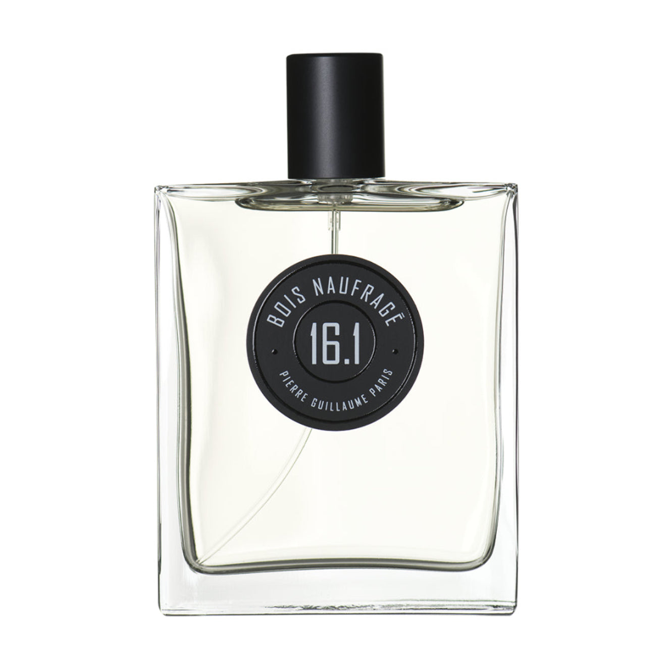 Perfume bottle with a black cap and label on a white background