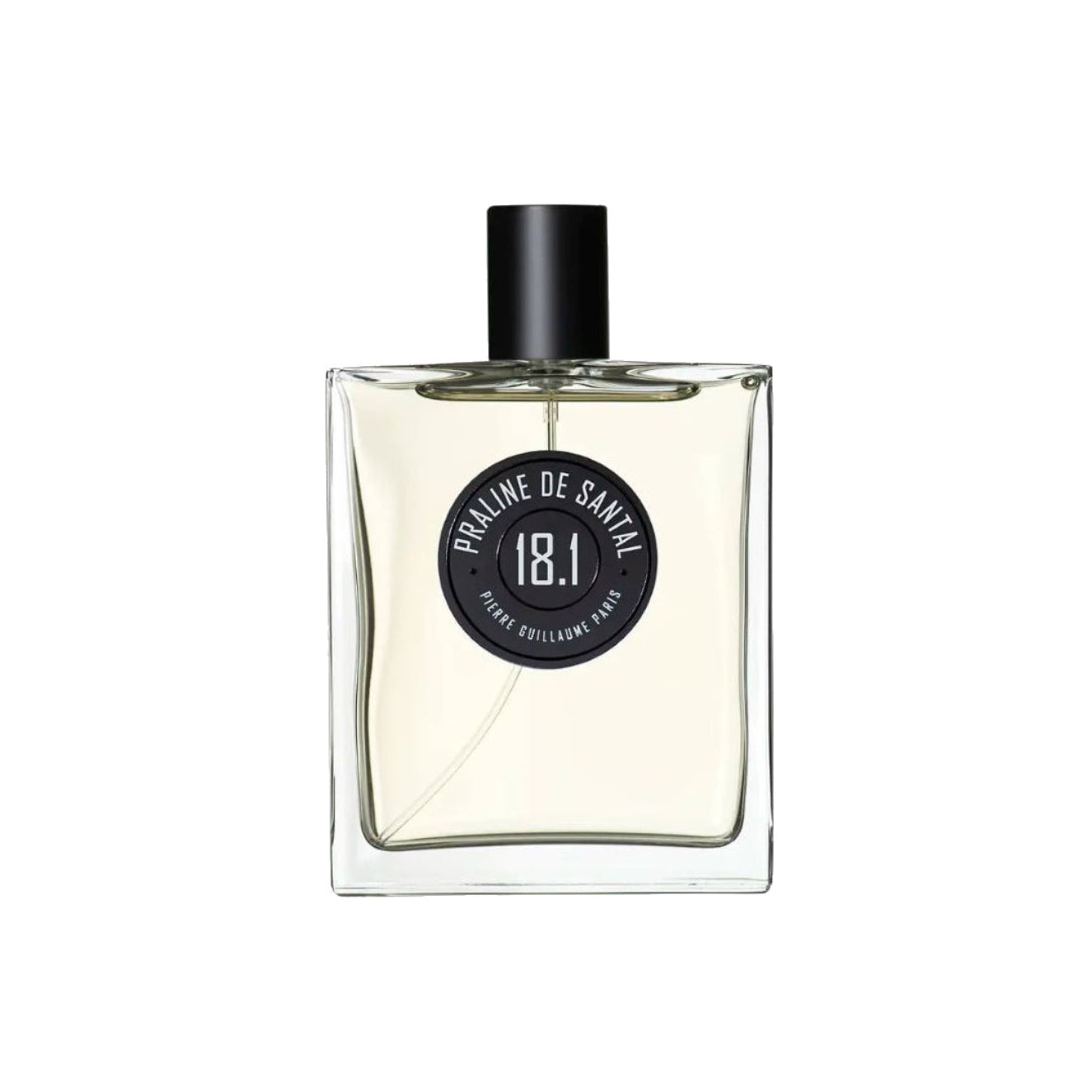 Perfume bottle with a black cap and label on a white background