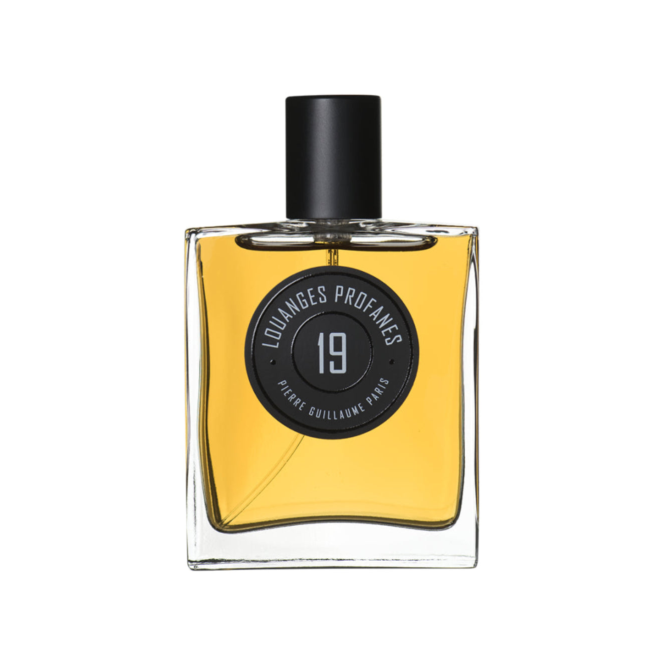 Perfume bottle with a black cap and yellow liquid on a white background
