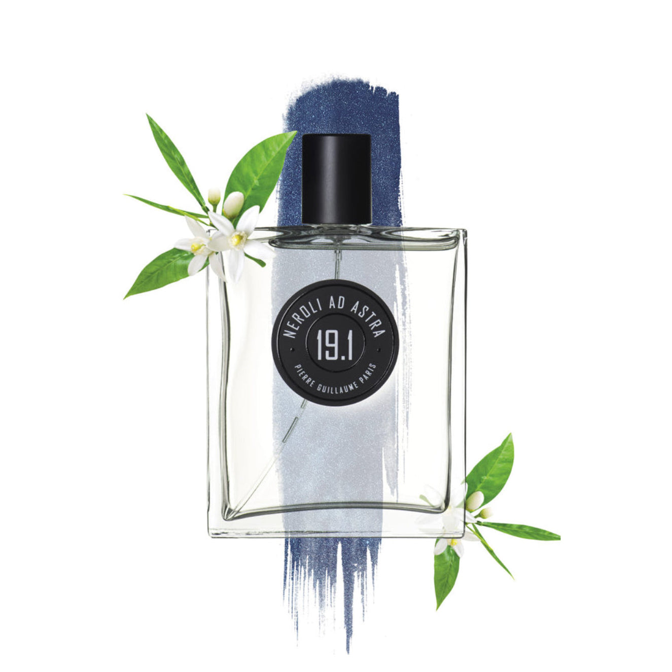 Perfume bottle with green leaves and flowers on a white background