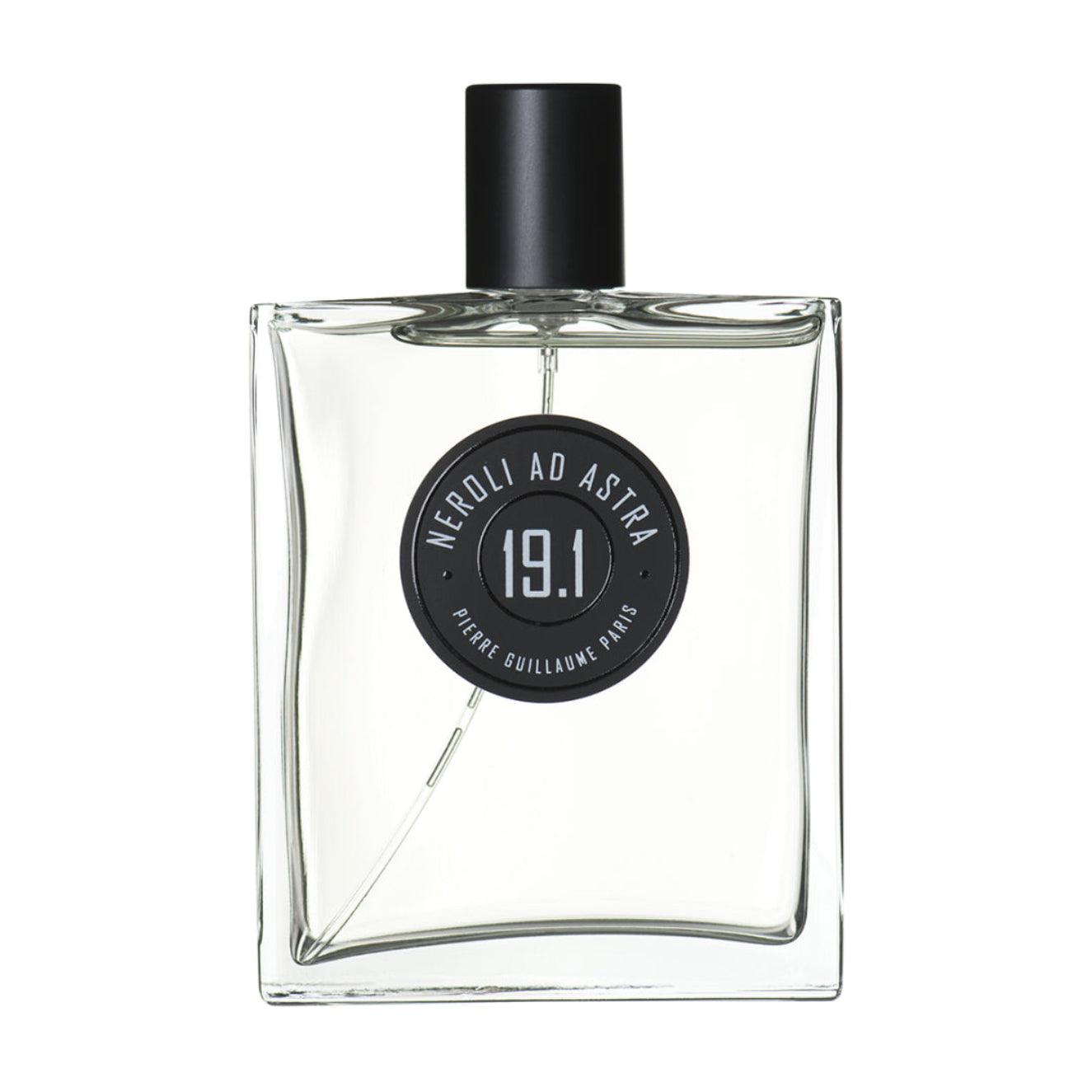 Clear perfume bottle with black cap and label on a white background