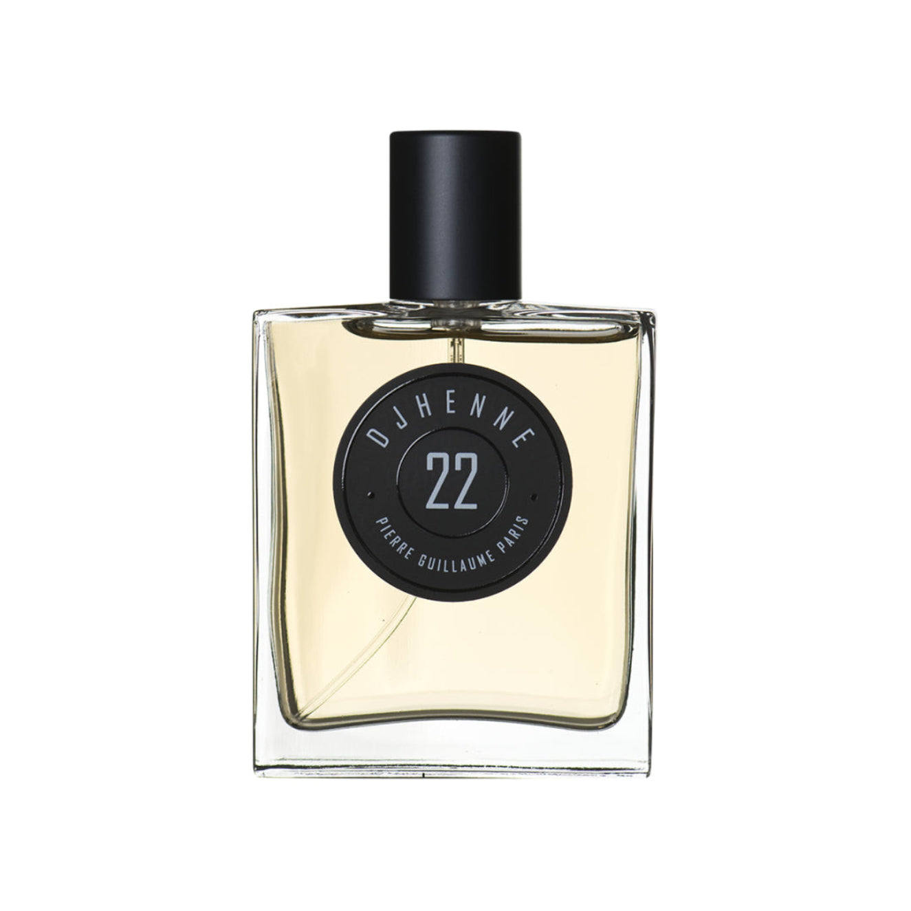 Perfume bottle with black cap and label on a white background