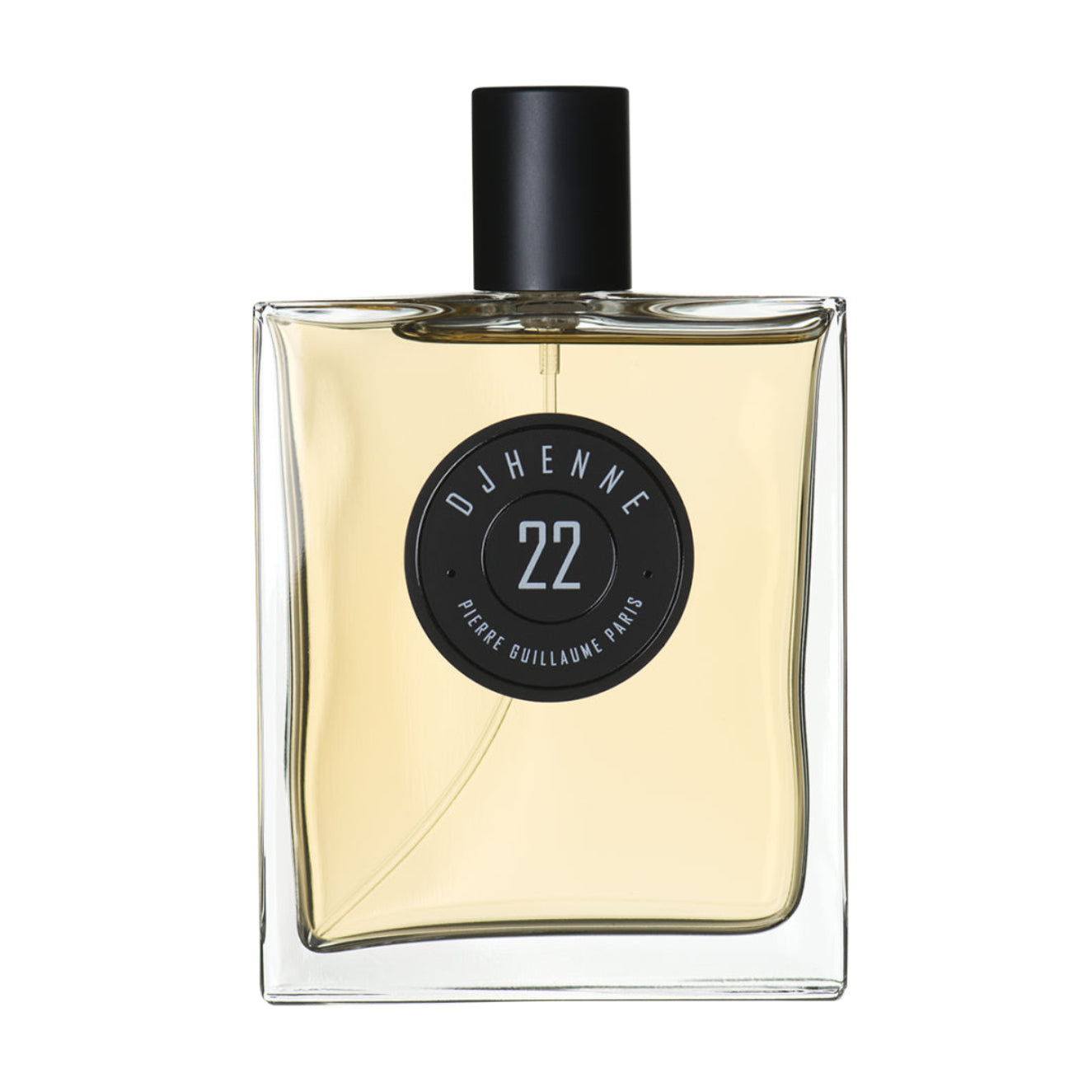 Perfume bottle with black cap and label on a white background
