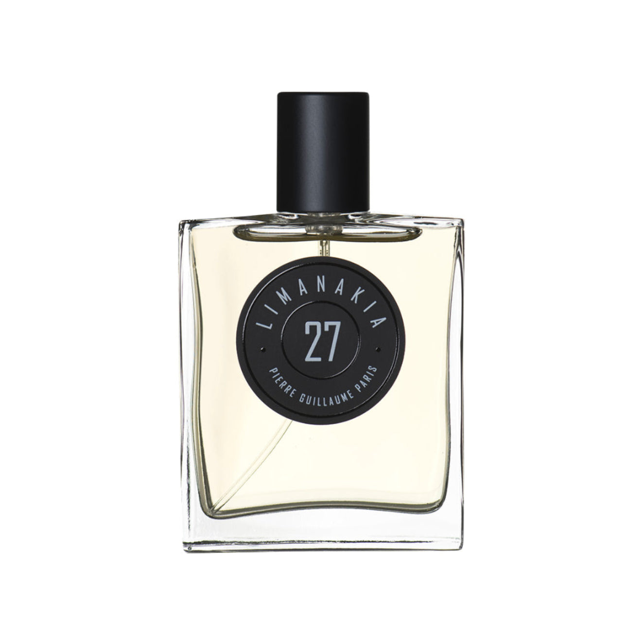 Perfume bottle with black cap and 'Limanakia' label on a white background