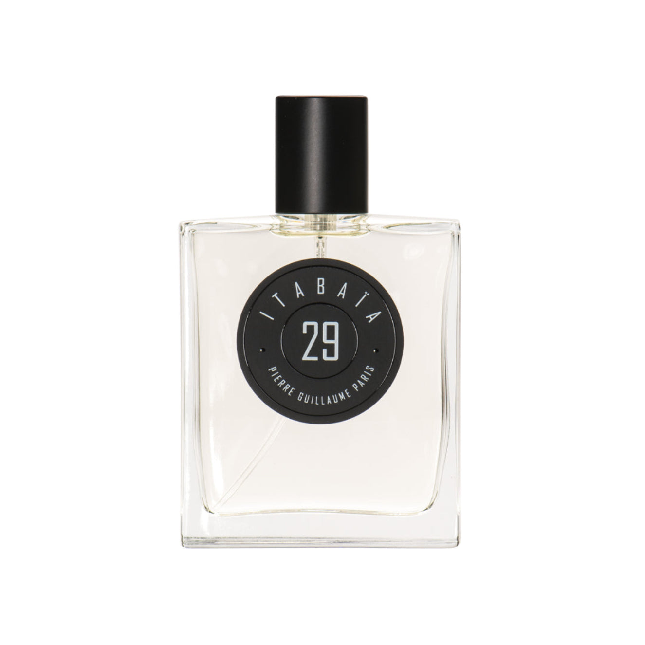 Perfume bottle with black cap and label on a white background