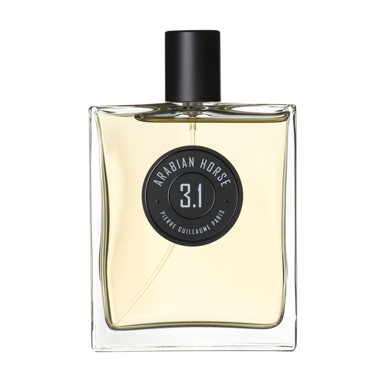 Perfume bottle with black cap and label on a white background