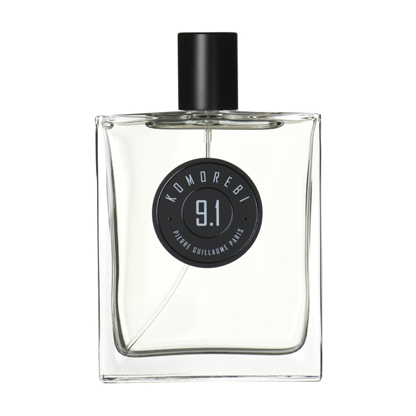 Clear perfume bottle with black cap and label on a white background