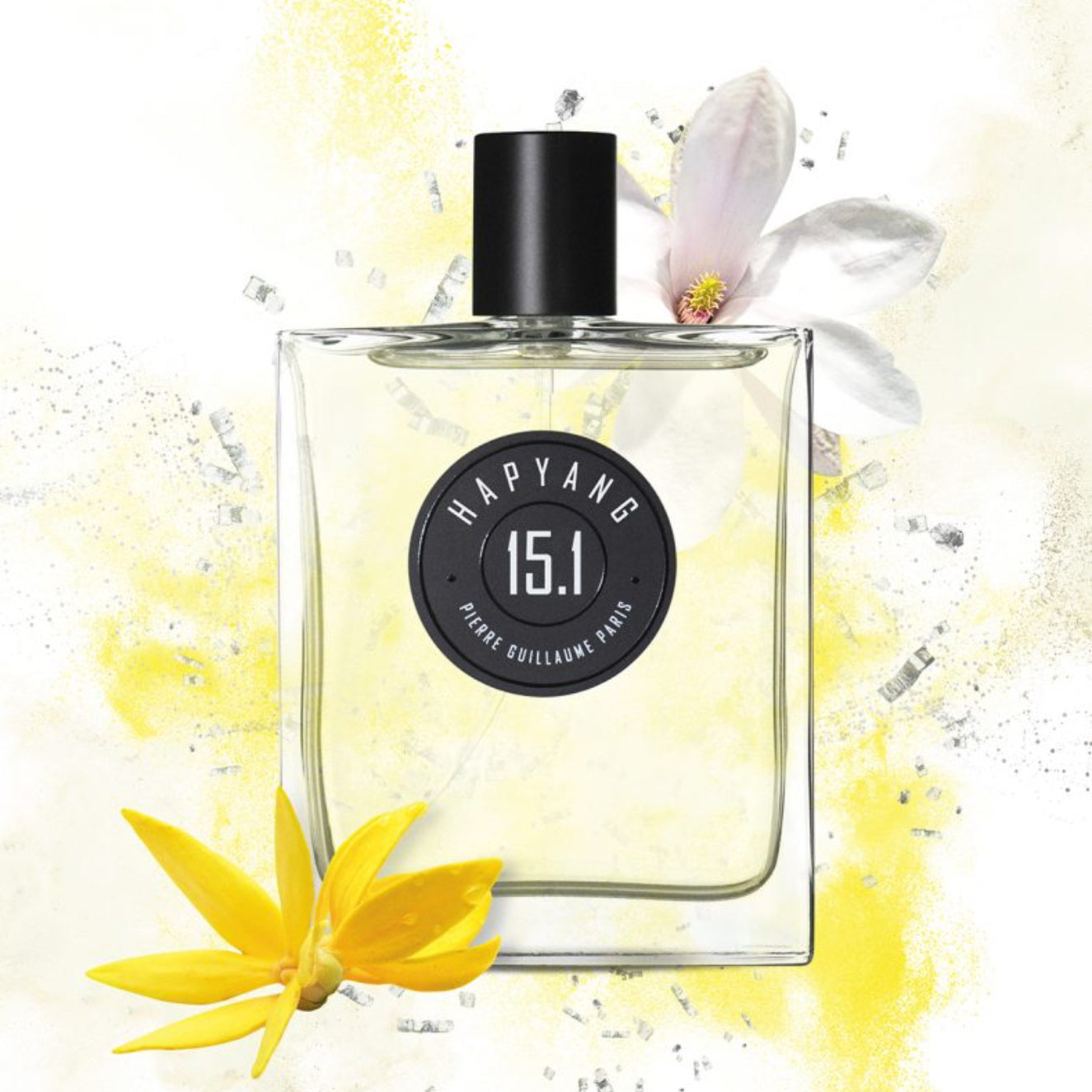 Perfume bottle with flowers on a yellow and white background