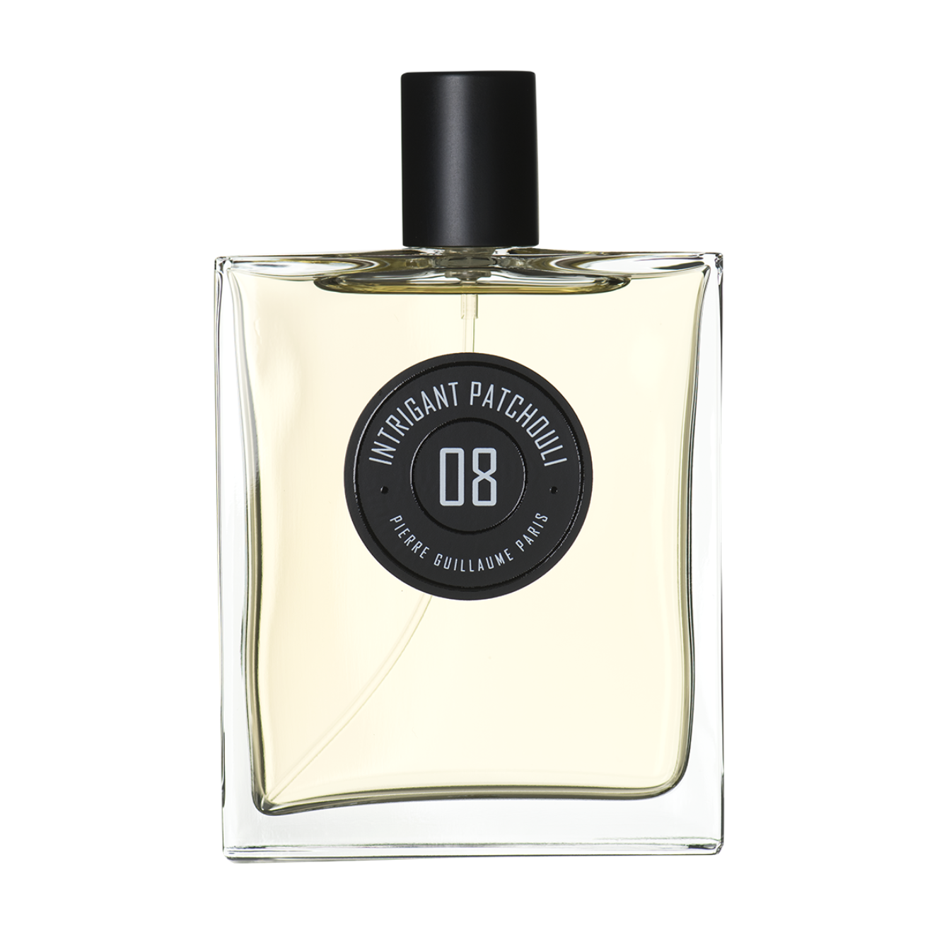 Perfume bottle labeled 'Intrigant Patchouli 08' by Pierre Guillaume Paris on a white background