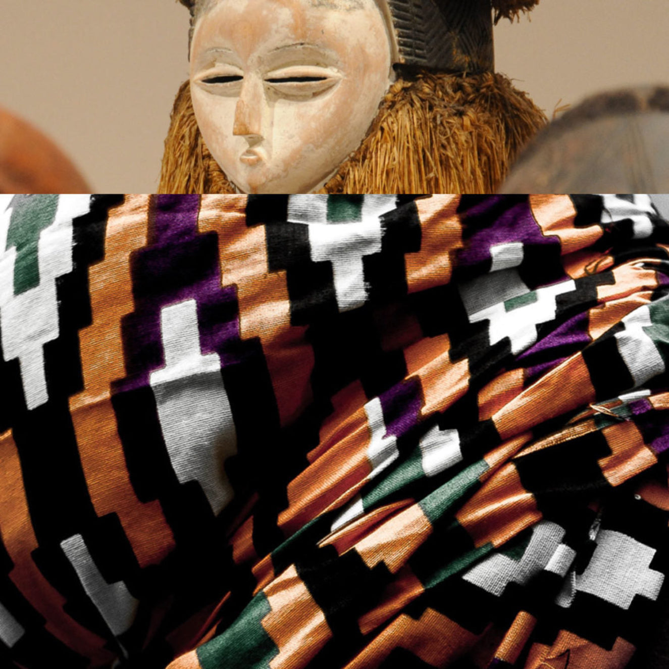 Traditional African mask with a colorful geometric patterned fabric overlay.