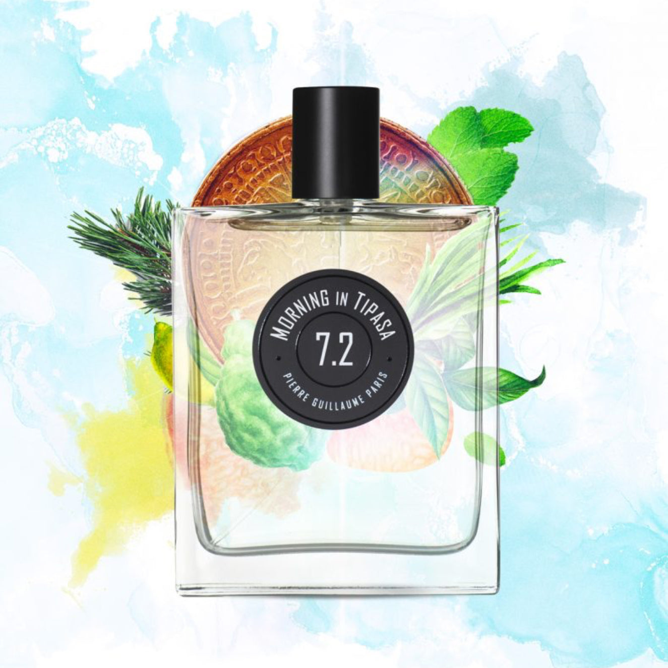 Perfume bottle with tropical elements on a colorful abstract background