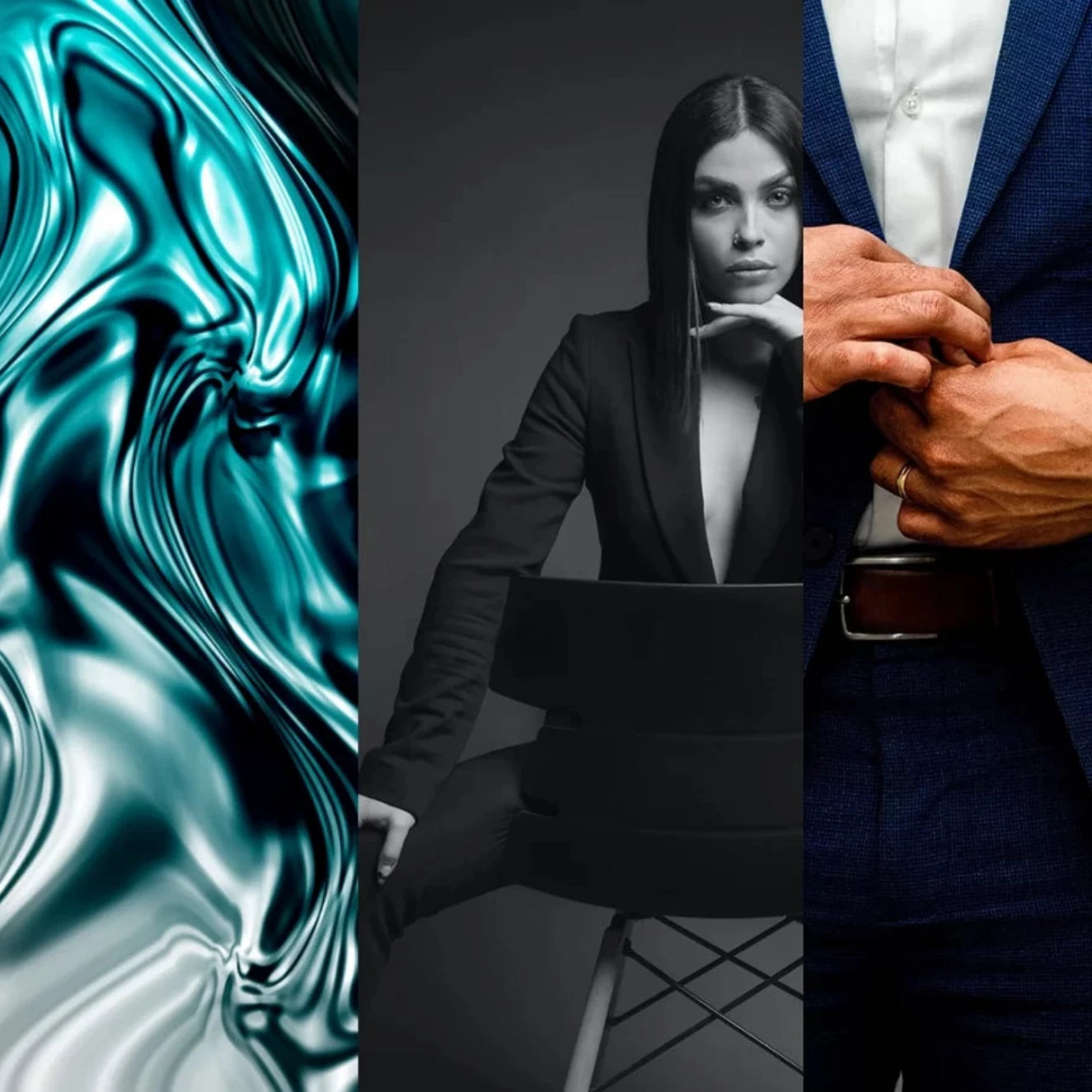Collage of abstract teal design, person in black suit with laptop, and close-up of hands in a suit.