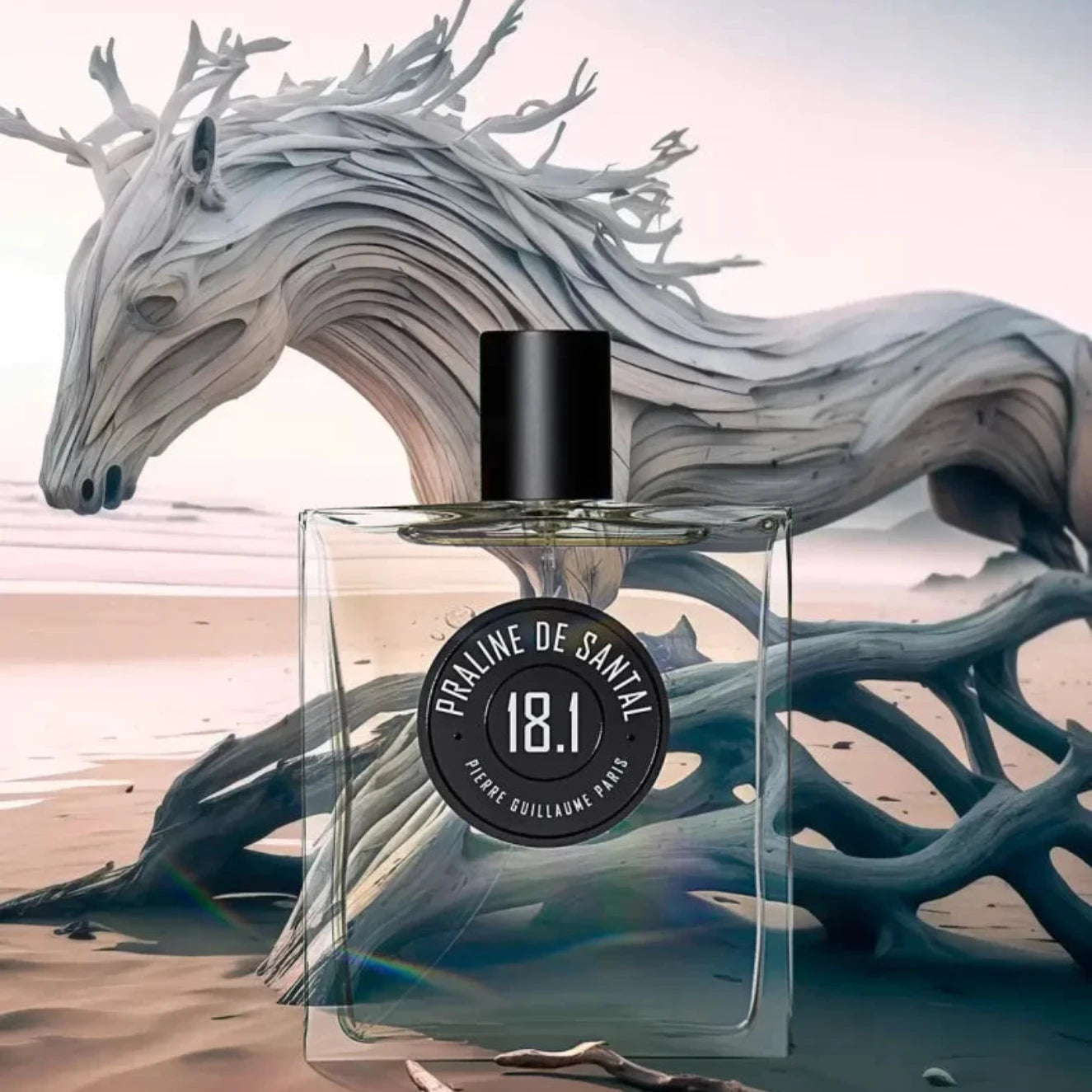 Perfume bottle with a dragon sculpture in the background