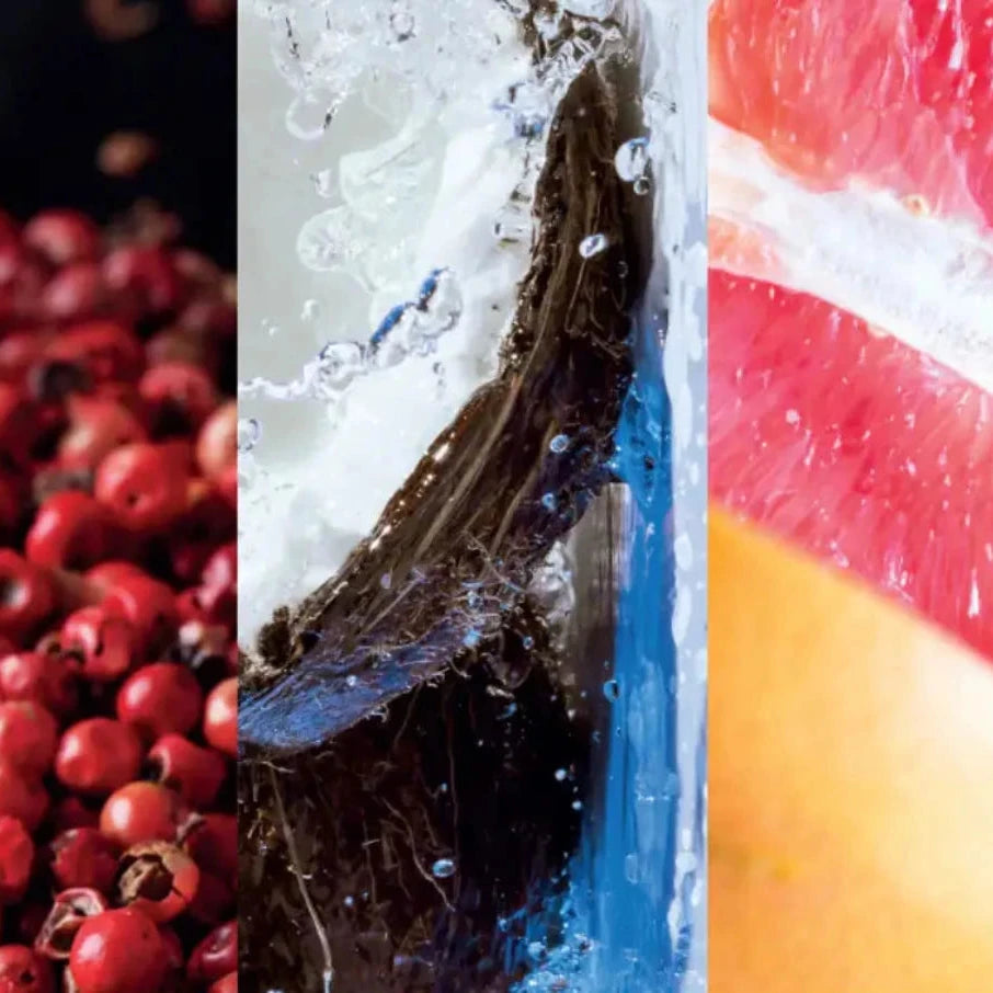 Collage of red berries, a fish in water, and a sliced grapefruit.