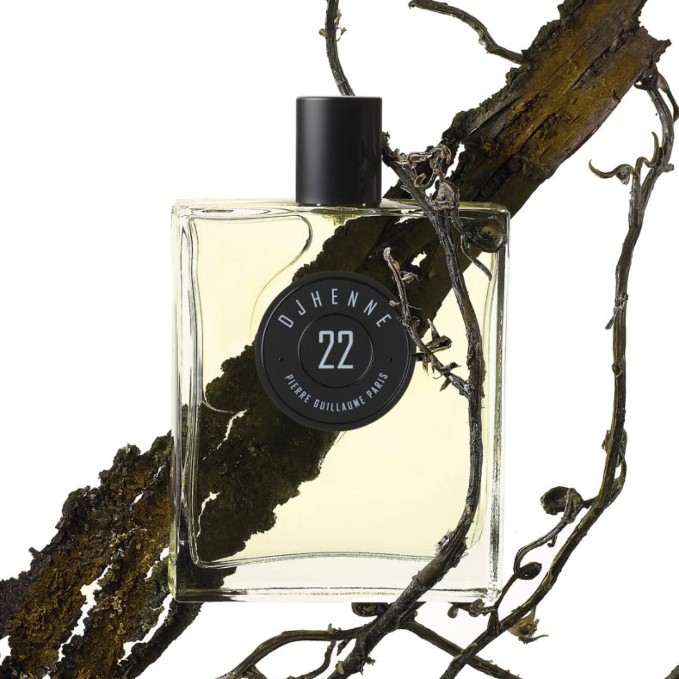 Perfume bottle with a black cap and label on a branch