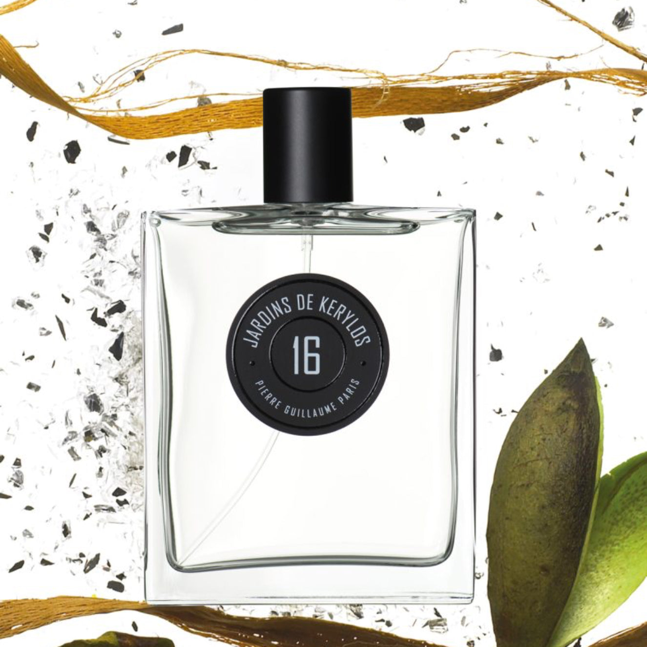 Perfume bottle with a black cap and label on a decorative background with leaves and gold ribbons.