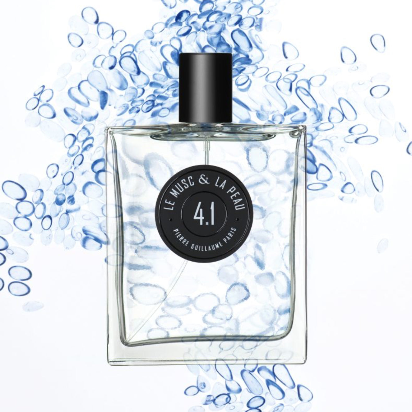 Perfume bottle with water droplets on a white background