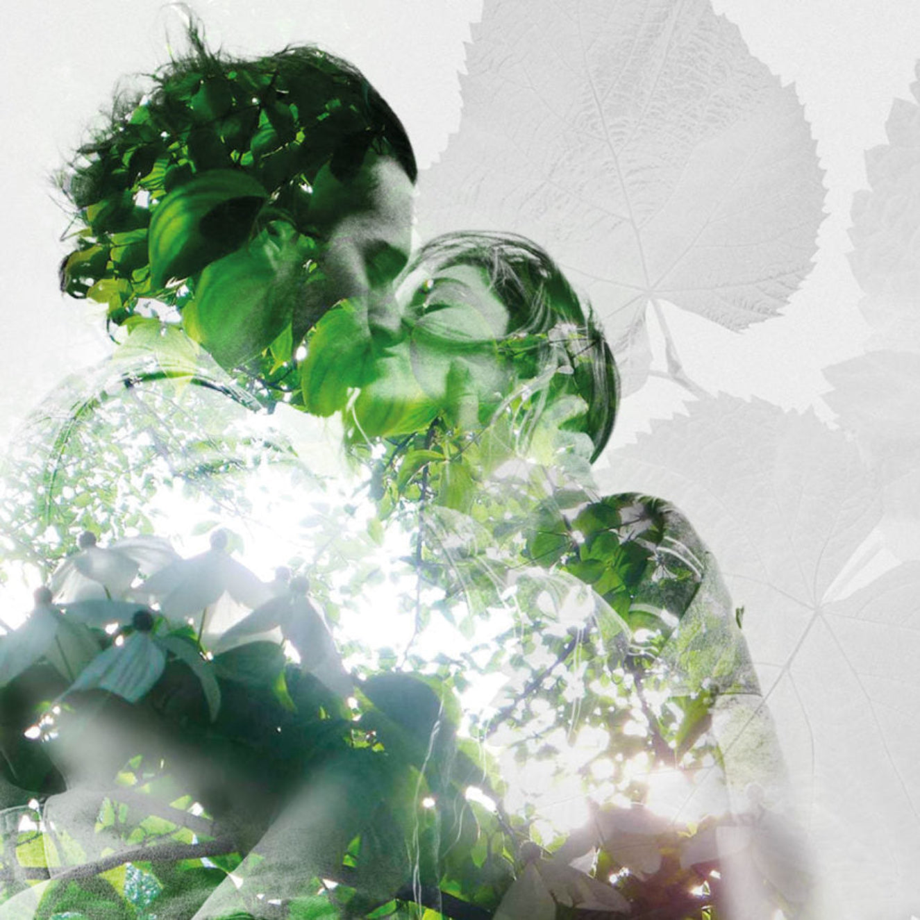 Person with green foliage overlay on a white background