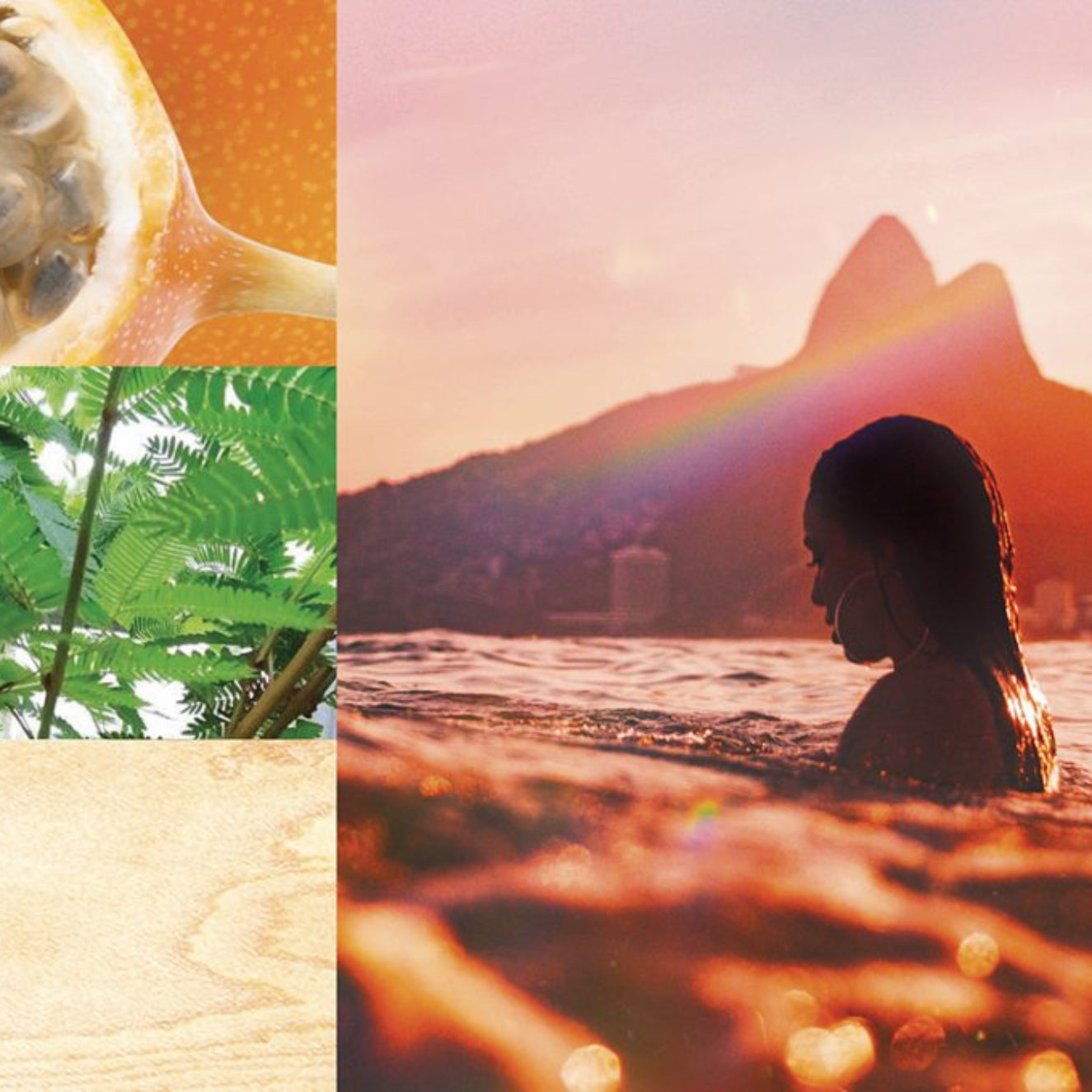 Collage of a granadilla, a mountain landscape with a rainbow, and a person in water.