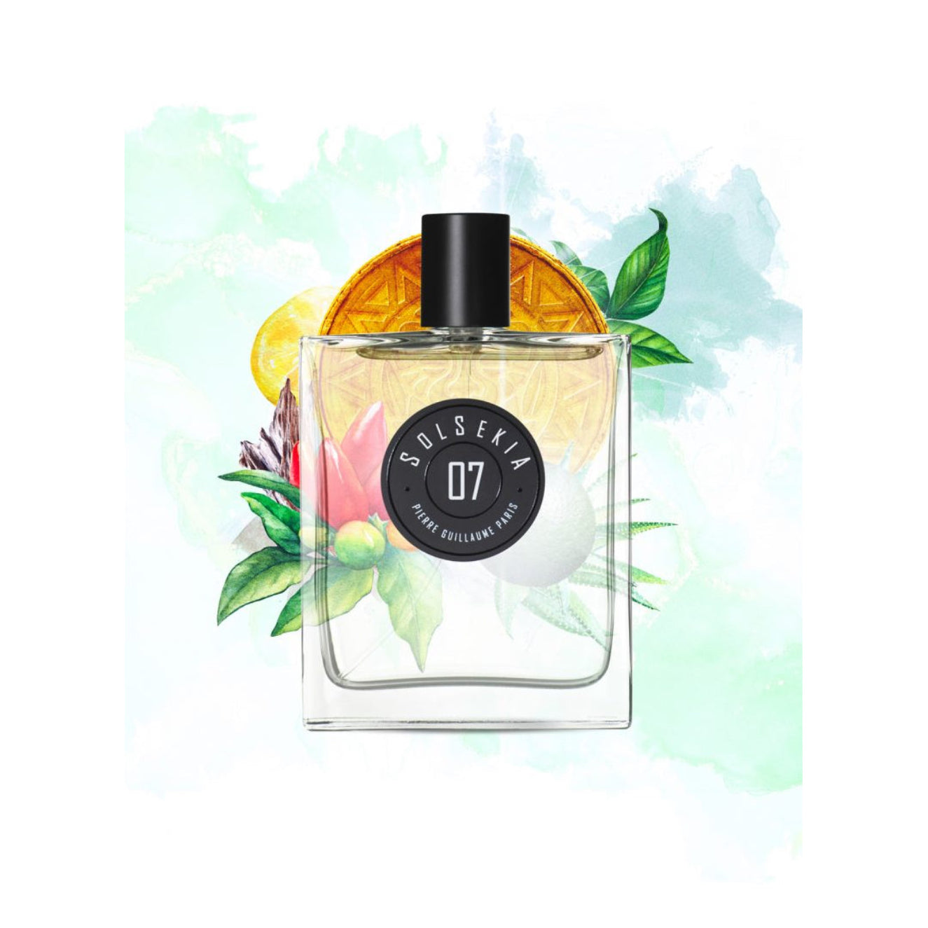 Perfume bottle with floral and fruit design on a light background