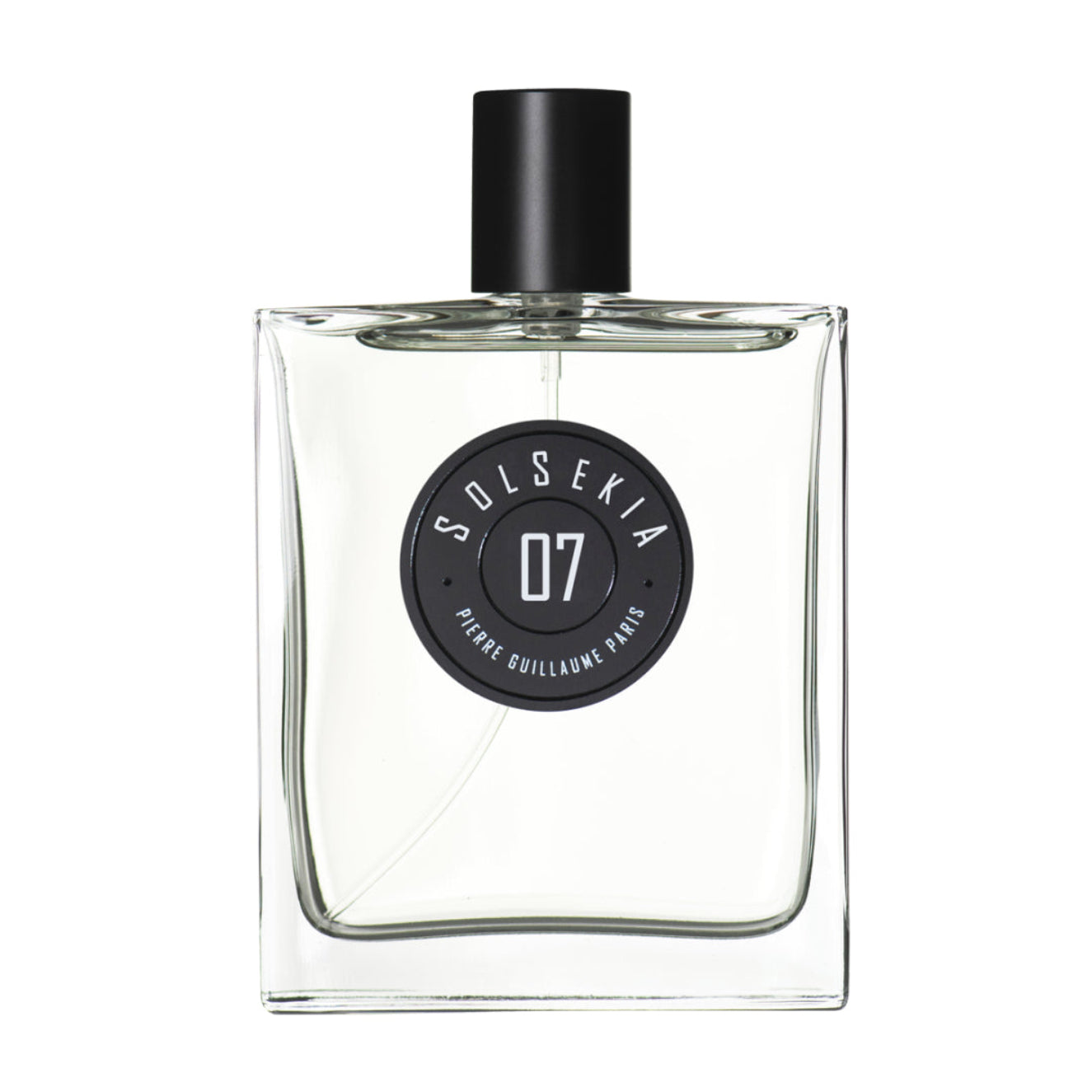 Clear perfume bottle with black cap and label on a white background