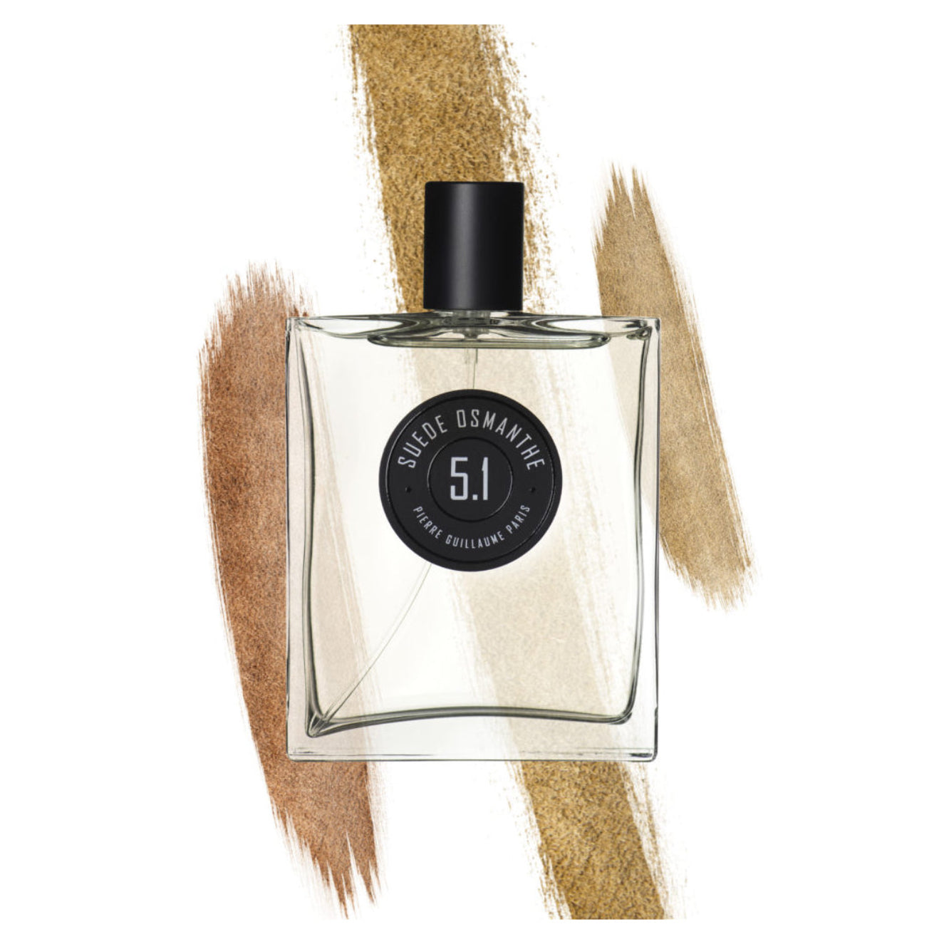 Perfume bottle with a black cap and clear body on a white background