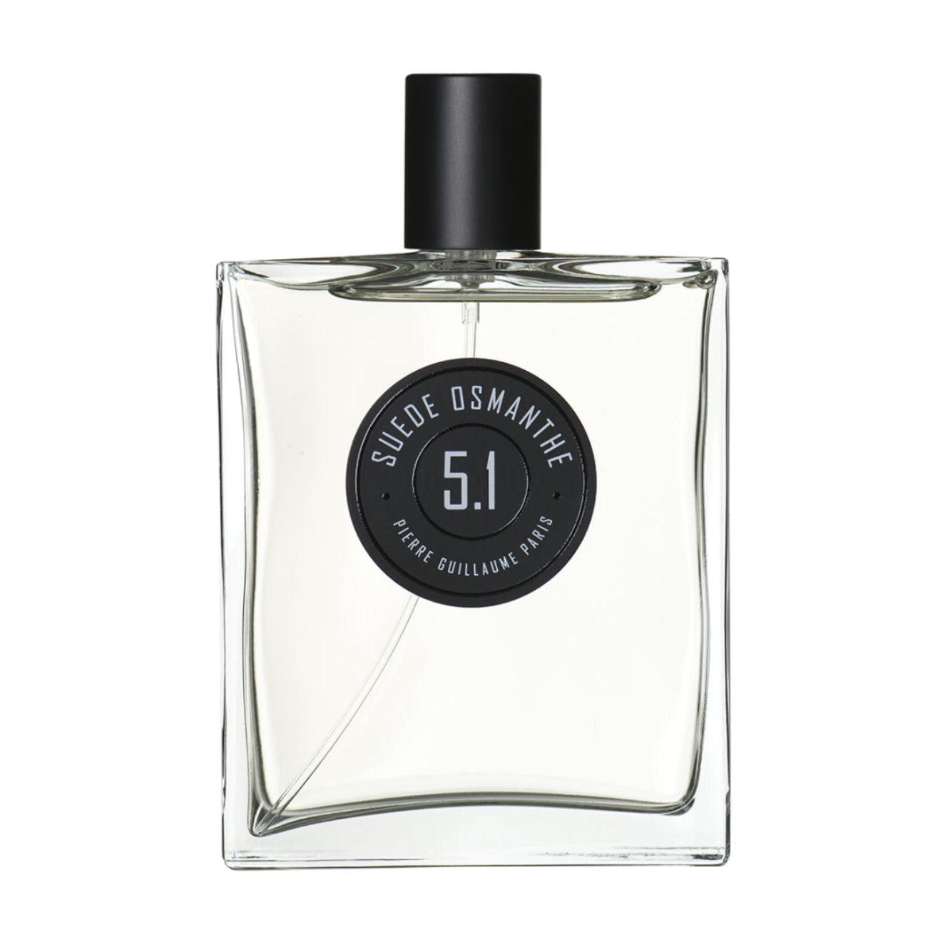 Clear perfume bottle with black cap and label on a white background